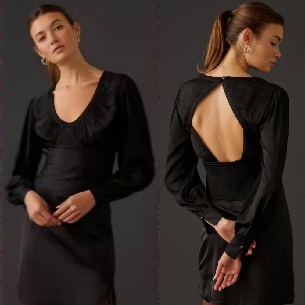 Anthropologie NWT Black Blouson Sleeve Smocked Back Blouse Women's Size …